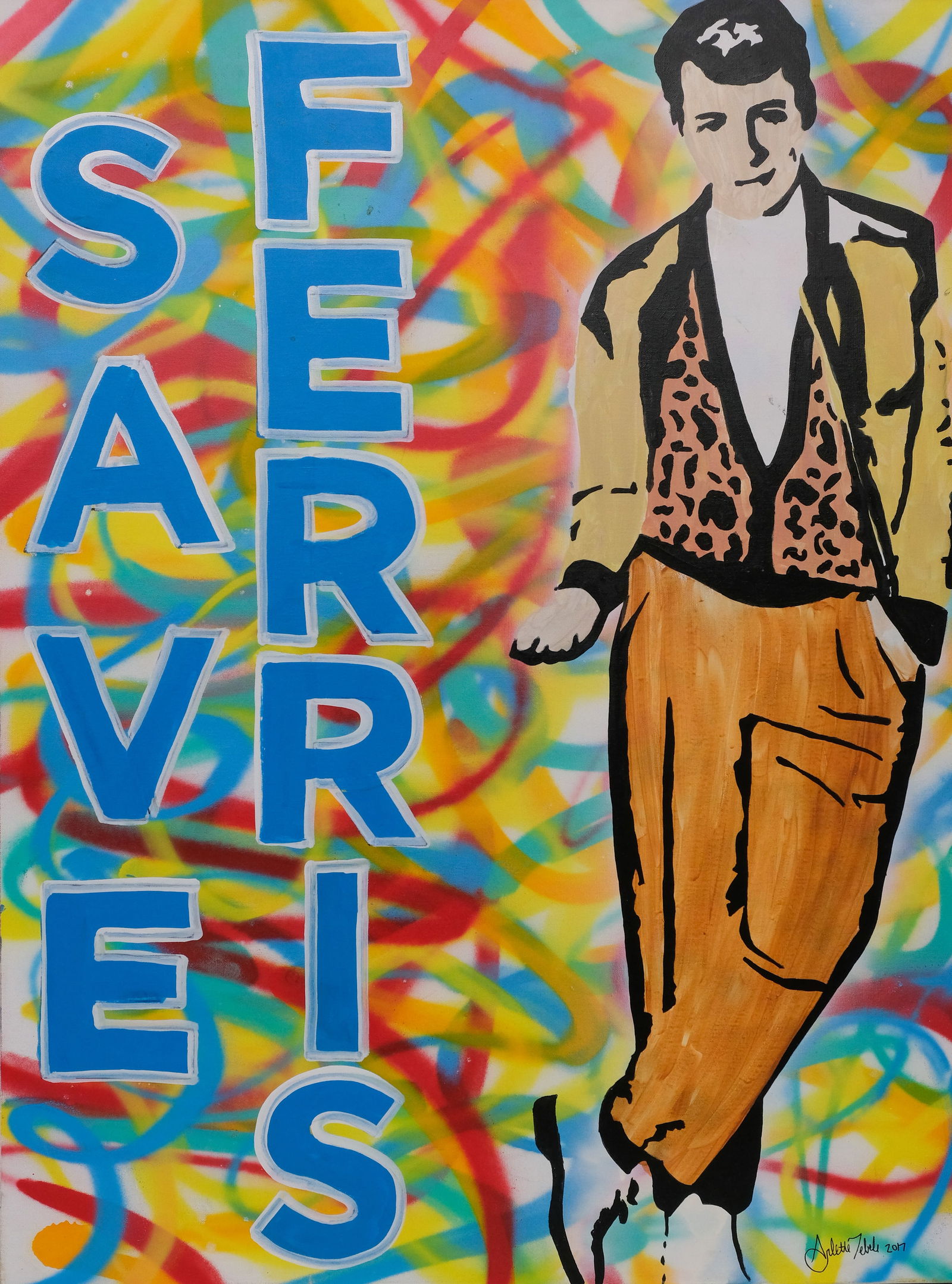 Arlette Tebele, "Save Ferris": Arlette Tebele (American, 21st century), 2017, spray paint and acrylic on canvas depicting the titular character from "Ferris Bueller's Day Off", the words "Save Ferris" beside his leaning figure, sig