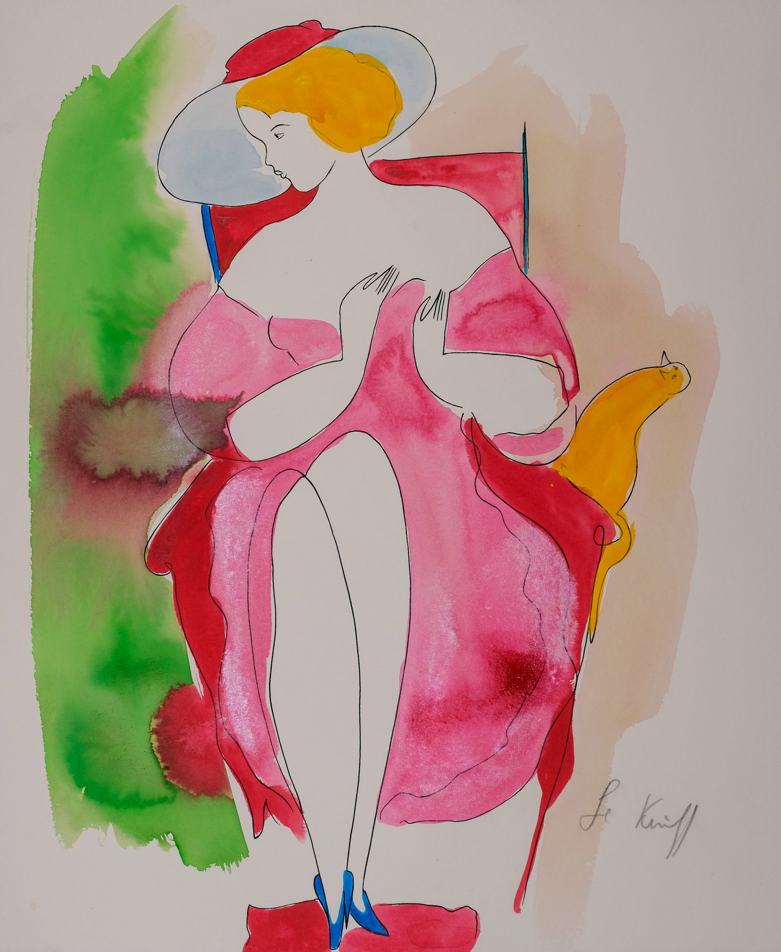 Linda Le Kinff, Woman with Cat: Linda Le Kinff (France, born 1949), watercolor over screen print depicting a seated woman in pink, a yellow cat at her side, signed l.r., 20" x 16 1/2" sheet size.
