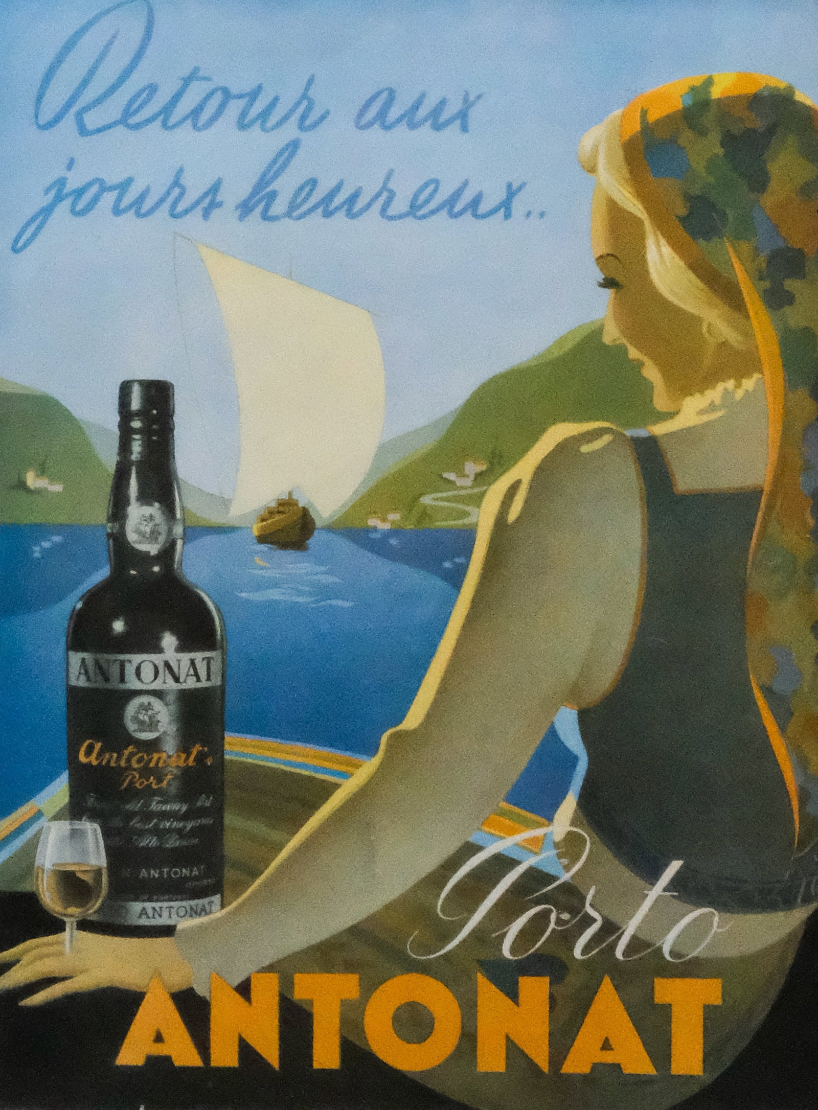 Porto Antonat Advertisement: French, mid-century advertisement for Porto Antonat wine, 13 1/4" x 10 1/4" sight size, 20 1/4" x 17 1/4" framed.