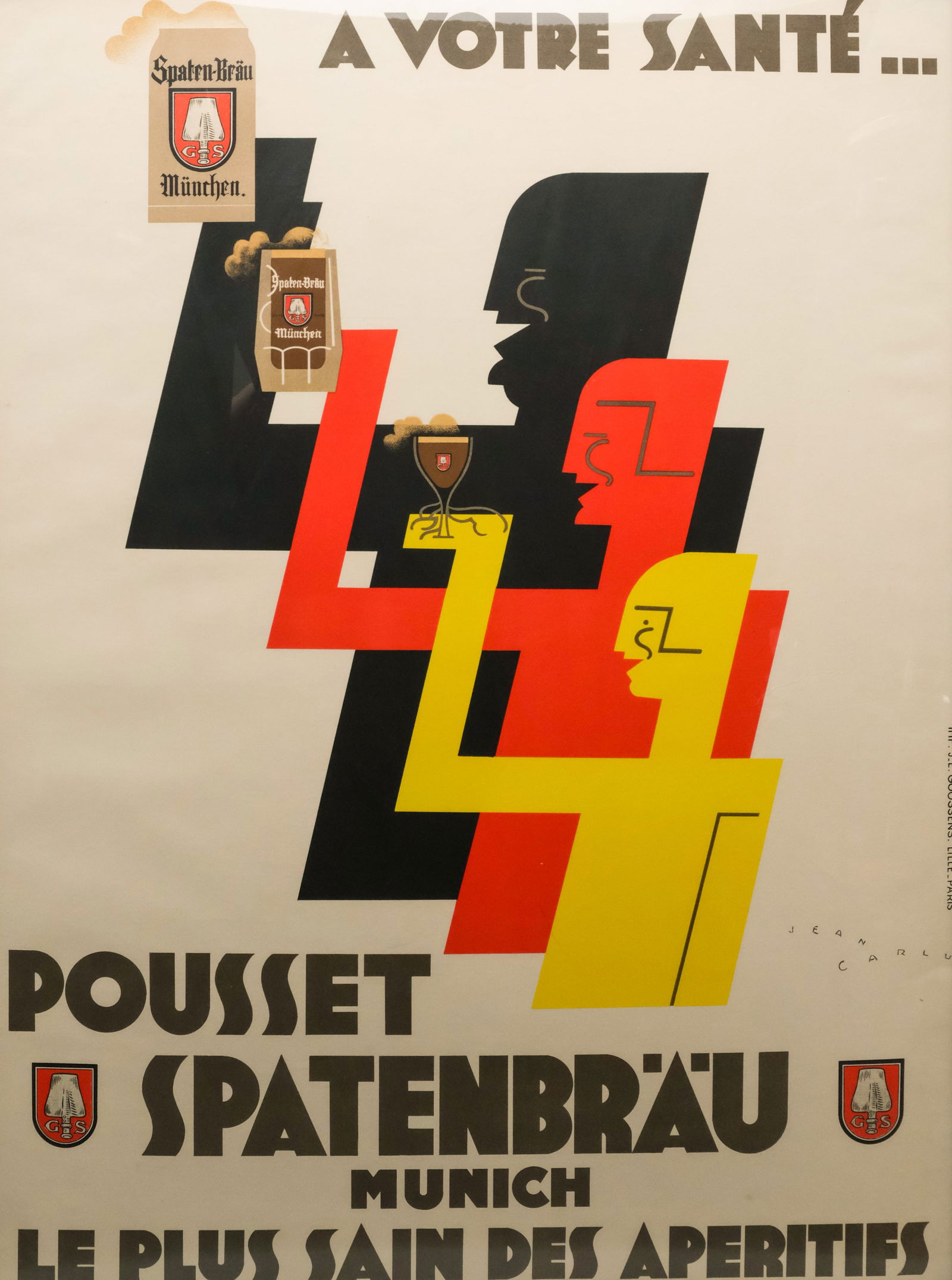 French "Spatenbrau" Poster: Jean George Carlu (French, 1900-1997), 1927, poster depicting a man, woman and child enjoying "the healthiest appetizers", Spatenbrau, 31" x 23 1/4" sight size, 32 1/2" x 24 3/4" framed.