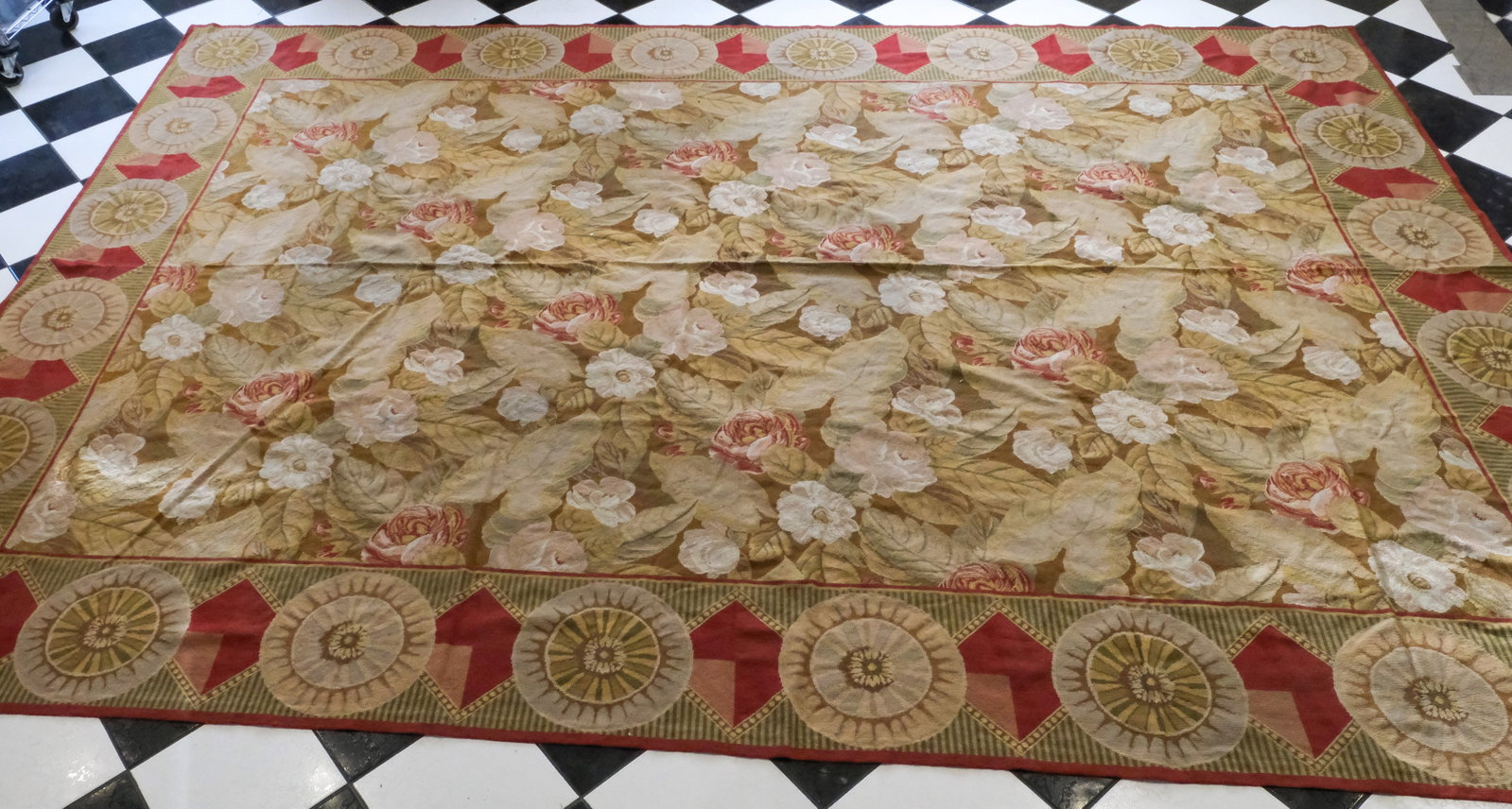 Red & Green Floral Aubusson 120" x 169": Vintage aubusson rug with red edge and green rose garden field, 120" x 169".