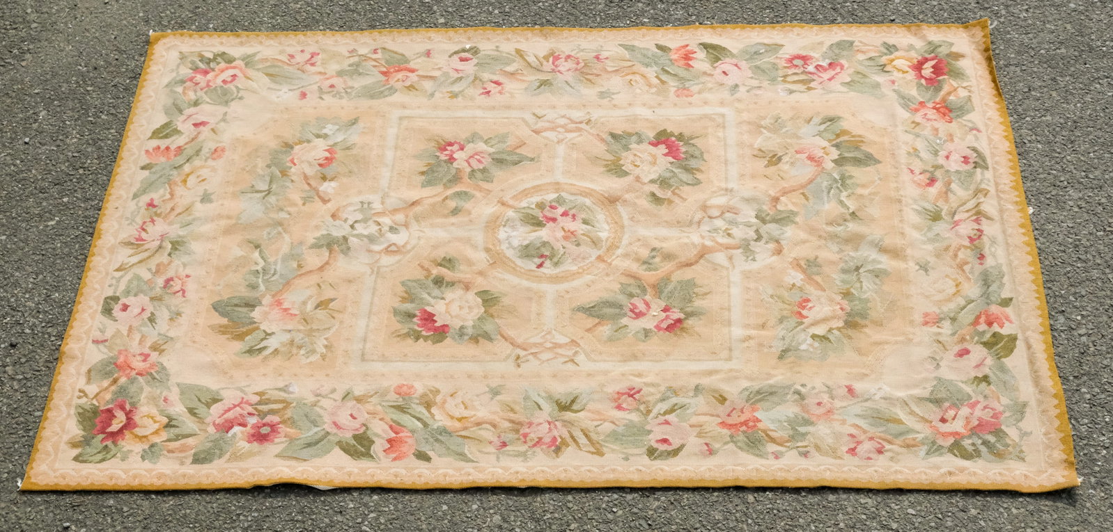 Vintage Aubusson with Gold Edge 46" x 73": Vintage aubusson with gold trim and beige field decorated in lotus branches, 46" x 73".