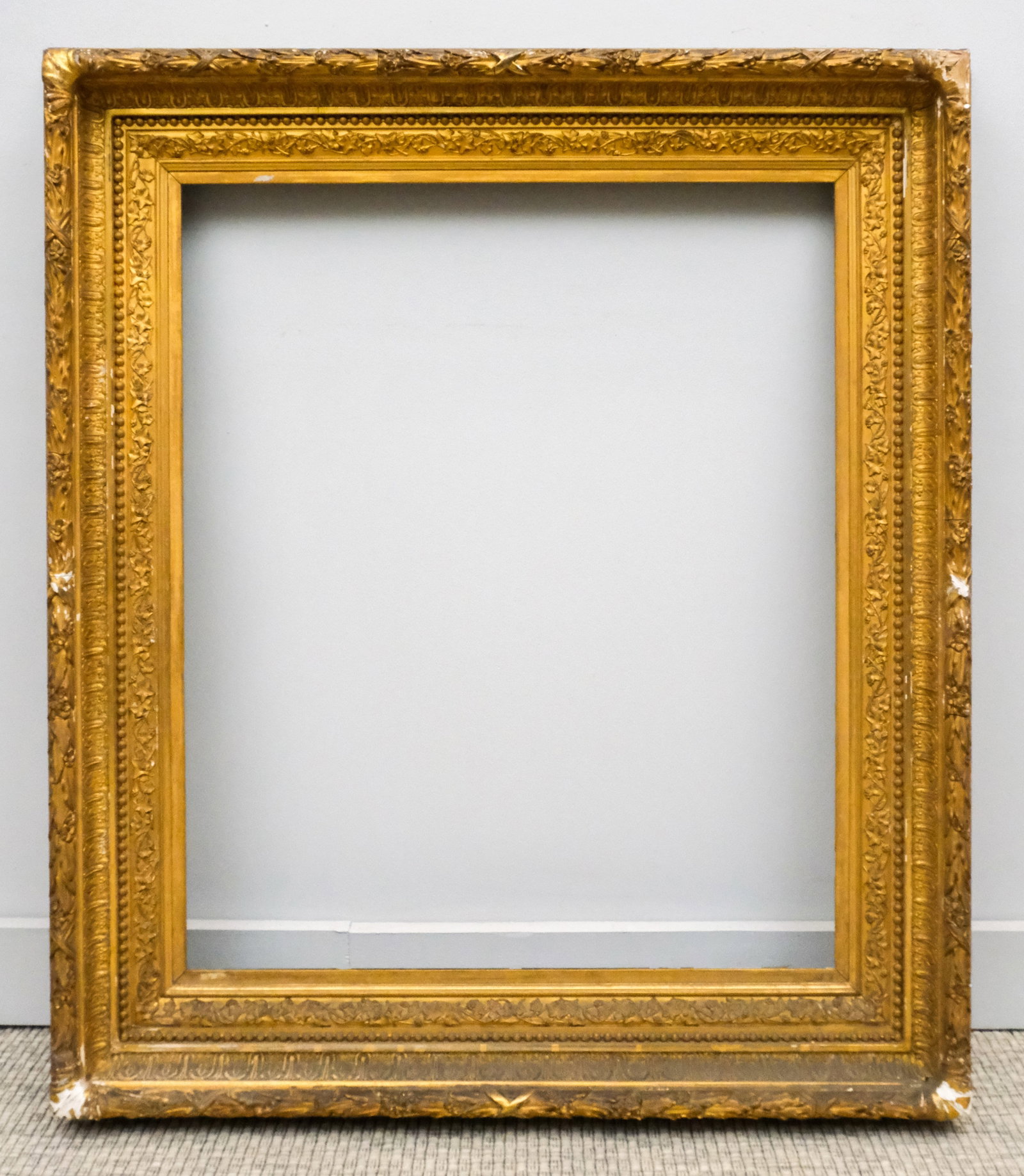 Hudson River School Gilt Frame 25" x 30": American, ca. 1870, having decorative top edge and ivy motif on liner, in a great standard size. Overall 34 1/4" x 39 1/2", Rabbet 25" x 30", molding 4 3/4".