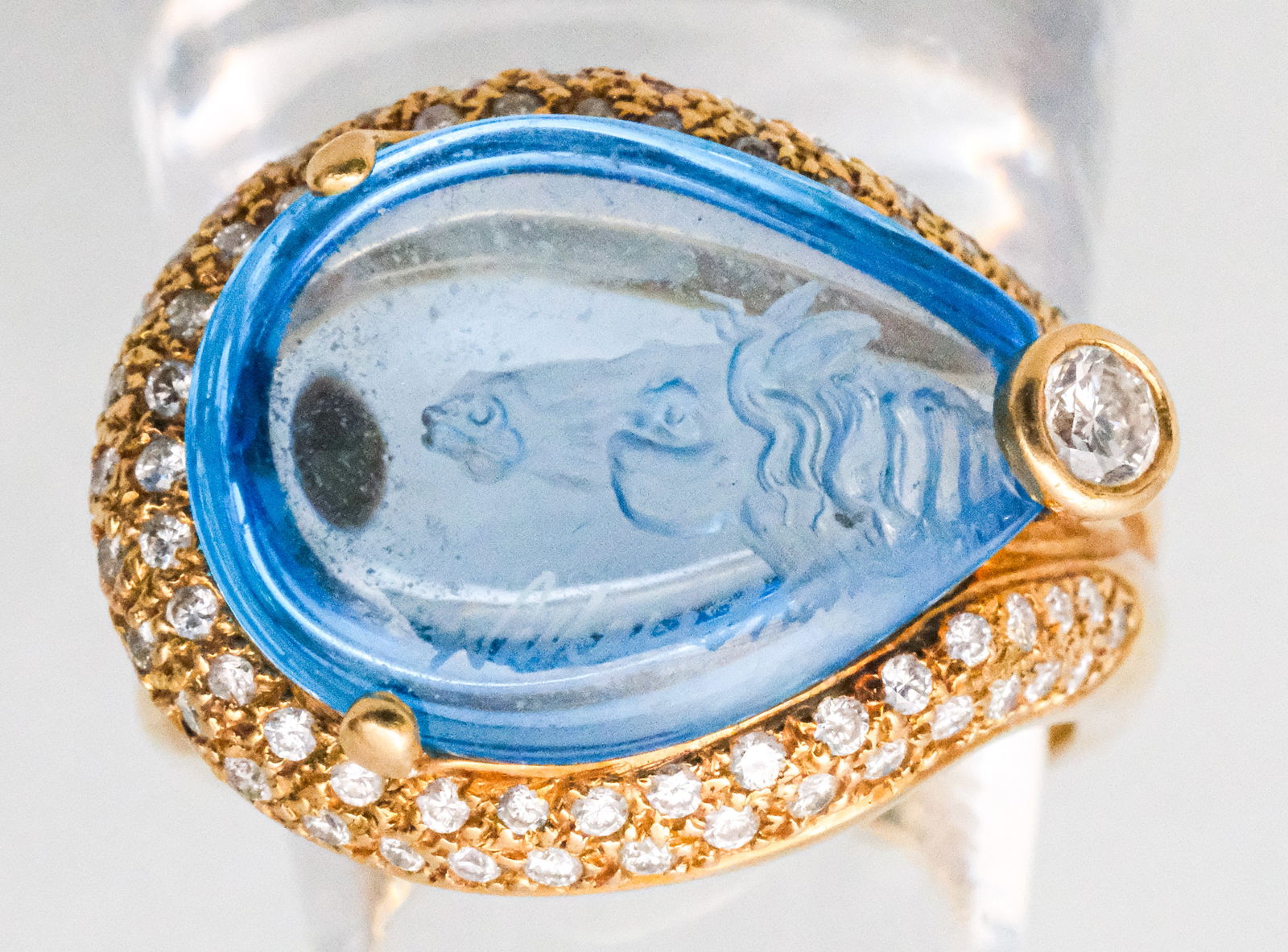 14K Gold & Intaglio Cut Blue Topaz & Diamond Ring (1 of 9)