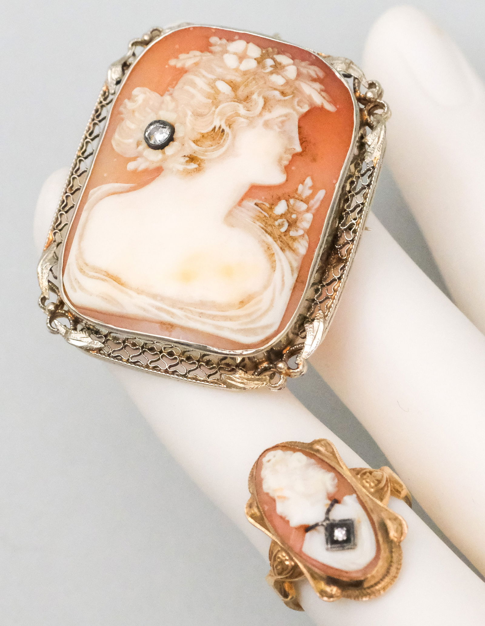 10K Gold Cameo Ring & 14K Filigree Cameo Brooch (1 of 16)