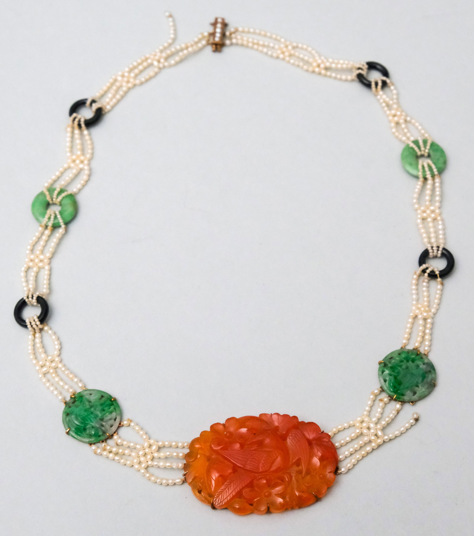 Antique Chinese 14K Gold & Stone Choker Necklace: With pearls, jade, onyx and carved carnelian. Gross weight of 14.0 dwt.