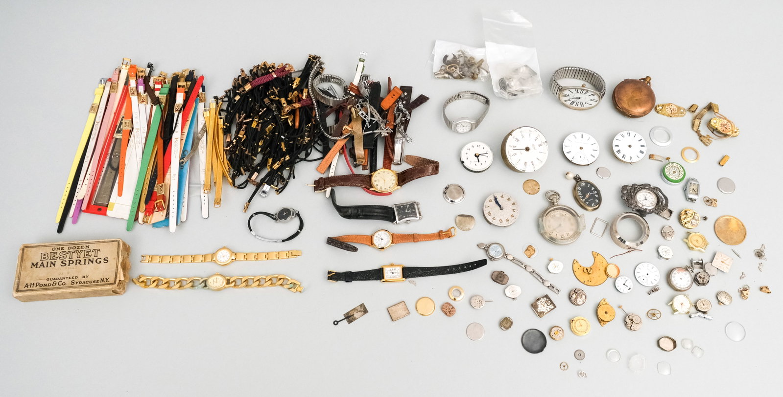 Large Group of Watch Parts and Pieces: This group consists of watch faces, bands, springs, parts, pieces and various other components. So many individual pieces I couldn't count them, or at least wouldn't. Lot as Photographed. Please no qu