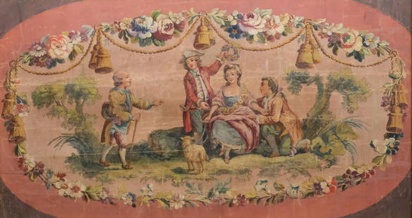 French School, Aubusson Tapestry Gouache Cartoon: French, 18th century gouache on paper depicting a scene to be copied on a woven Aubusson tapestry, 18 3/4" x 34 3/4" sight size, 23 3/4" x 39 3/4" framed.