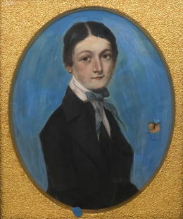 American School, Portrait of a Boy: American, 19th century mixed media on canvas depicting a young boy in a blue tie, 17" x 14" canvas, 22 1/4" x 19 3/4" framed.