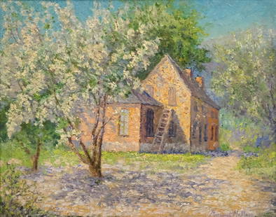 American School, "1st Utah Industrial School": American, 20th century oil on board depicting a secluded school house under a flowering tree, signed "Margaret Mallery" l.r., titled verso, 15 3/4" x 20" board, 21 3/4" x 25 3/4" framed.