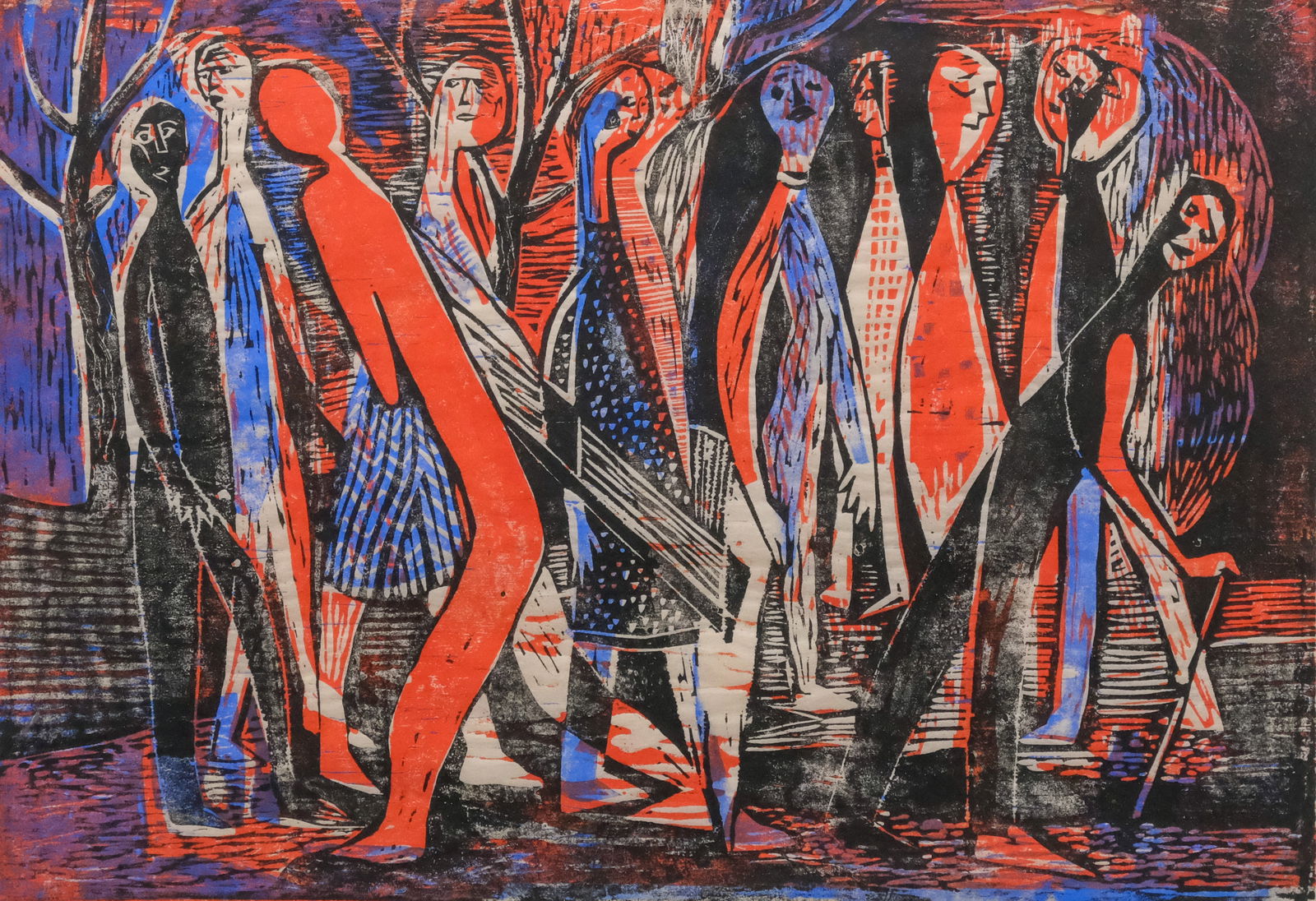 American School, Red & Blue Woodcut (1 of 5)