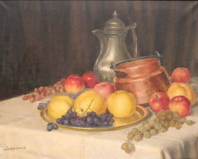 Szabo Dezso, Still Life of Fruit & Metal: Szabo Dezso (Hungarian, 1888-1971), oil on canvas depicting a still life of apples, grapes, pewter and copper, signed l.l., 24" x 30" canvas, 31 1/4" x 37 1/4" framed.