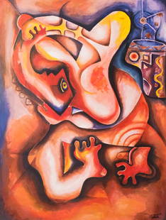 Alexandra Nechita, Hands and Feet: Alexandra Nechita (Romanian/American, born 1985), Cubist expressionist lithograph on canvas depicting an abstract portrait, signed "Nechita" l.r., numbered "110/149" l.l., 31 3/4" x 24" image size,