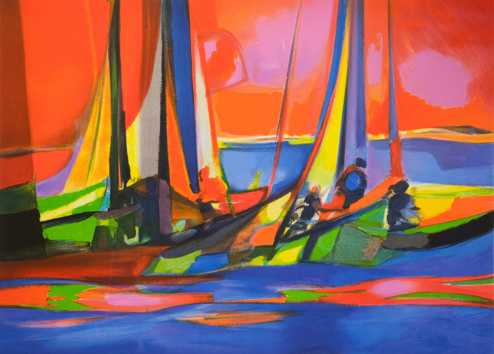 Marcel Mouly, Fishing Boats: Marcel Mouly (French, 1918-2008), lithograph on paper of a cluster of small boats, numbered "111/300" l.l., signed l.r., 20 1/2" x 28 1/2" image size, 23" x 30 3/4" sheet size.