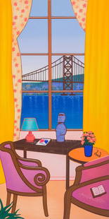 Fanch Ledan, Interior with Easter Island Head: Fanch (Francois) Ledan (French, born 1949), limited edition serigraph on paper depicting an interior with and Easter Island Head on the desk and a window looking out onto a bridge, numbered "157/180"