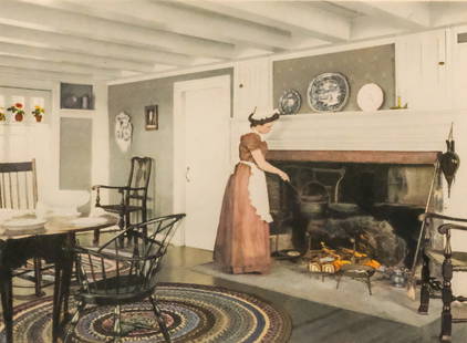 Wallace Nutting, "An Elaborate Dinner": Wallace Nutting (American, 1861-1941), hand-tinted photograph of a woman making dinner over the hearth, titled l.l., 10" x 13 1/2" sheet size, 17" x 21" framed.