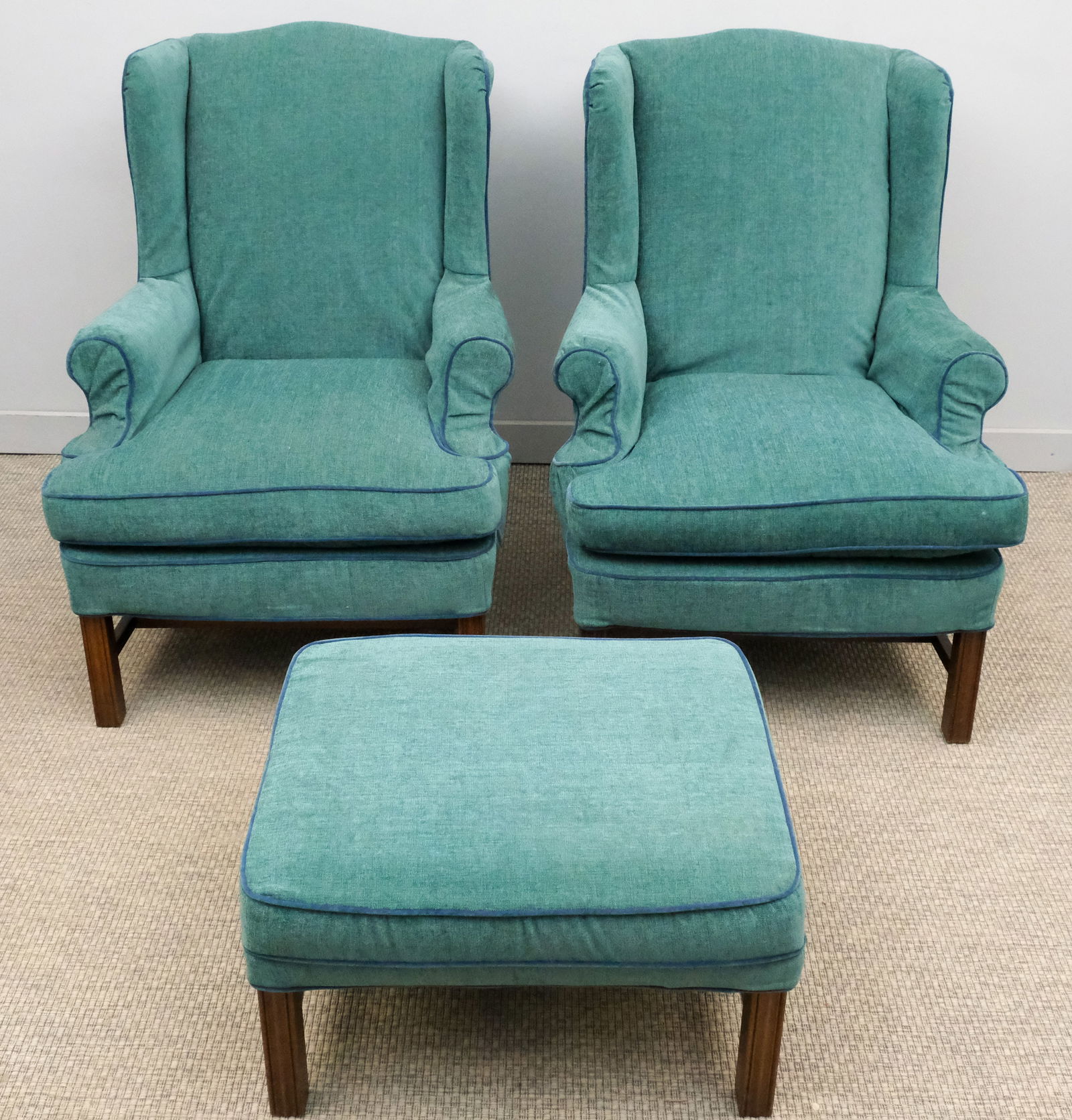 Pair of Green Armchairs with Matching Ottoman (1 of 7)