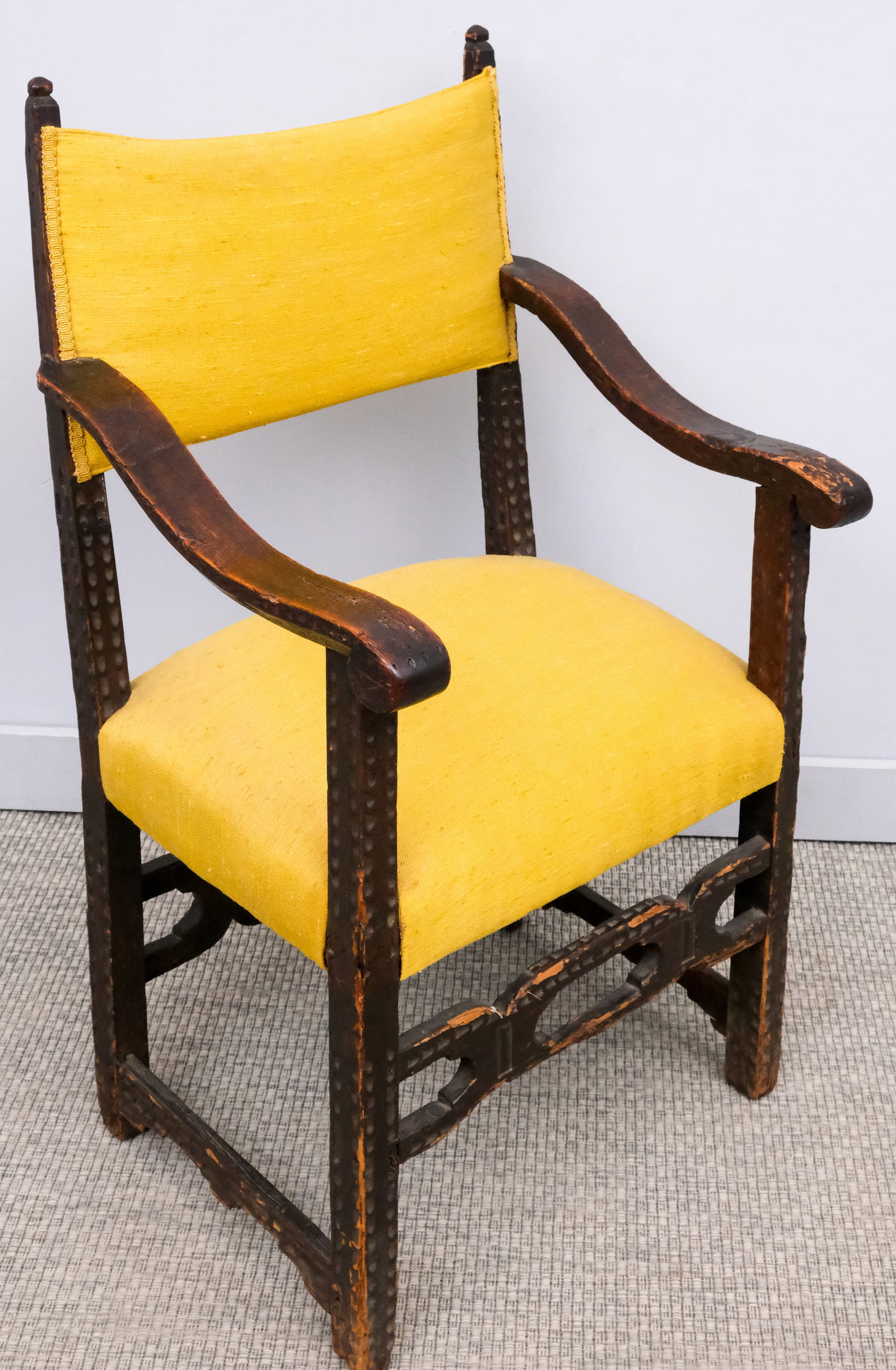 Spanish Oak Arm Chair with Yellow Upholstery (1 of 9)