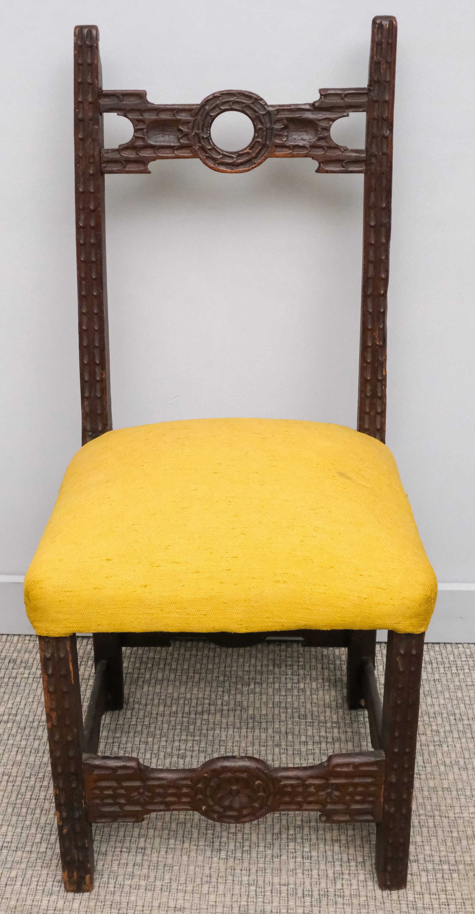 Spanish Oak Side Chair with Yellow Upholstery (1 of 7)