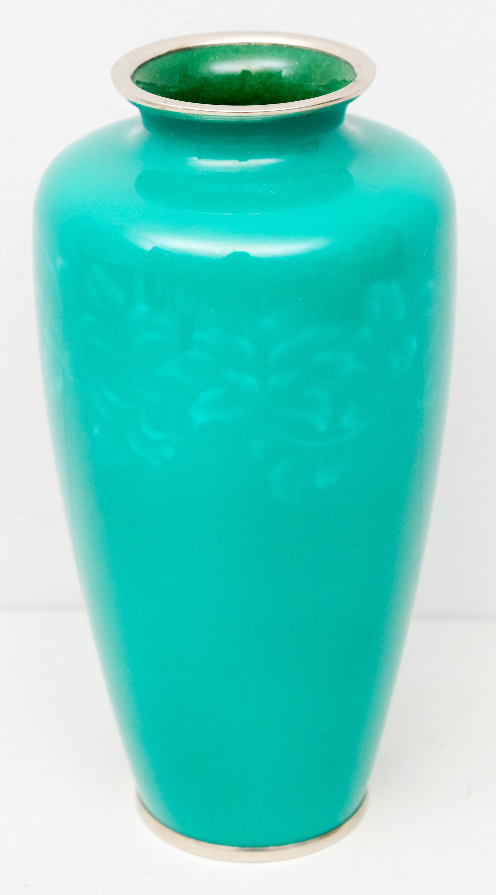 Antique Ando Jubai Turquoise Cloisonne Vase: Monochrome field with floral motif. Silverplated mounts. Marked as shown. 9 3/4".