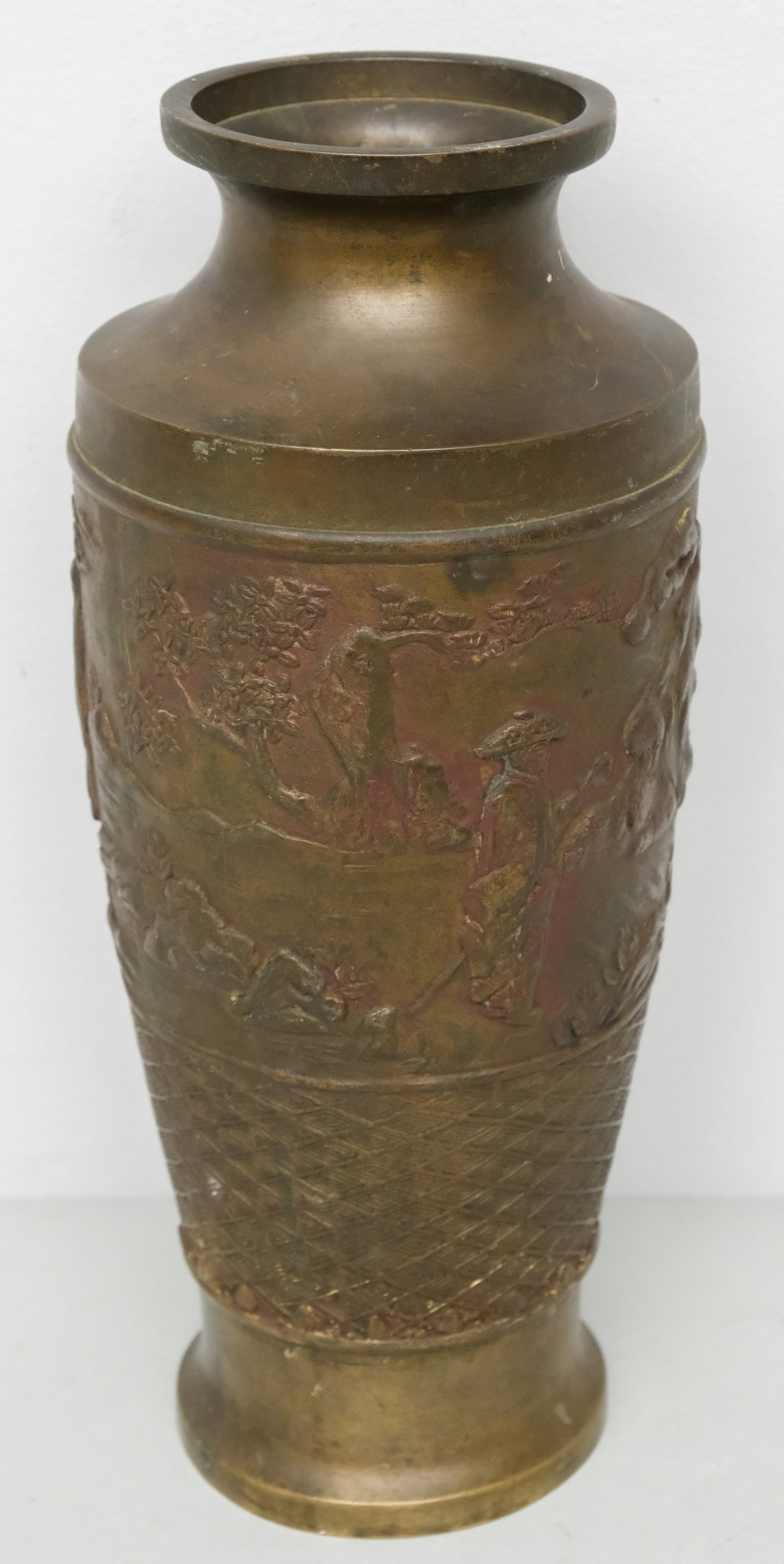 Antique Japanese Bronze Vase: Chased with landscape scenes of daily life. 12".