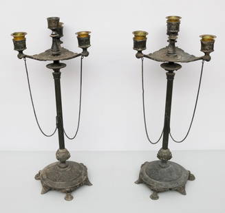 2 Antique Neoclassical Cast Iron Candelabra: With maiden and lion masks, hanging chains and four sockets. 17 1/2".