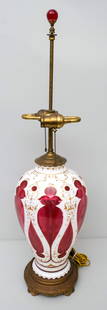 Cranberry Bohemian Glass Lamp: Antique cranberry Bohemian glass vasiform lamp, 33" H x 8 1/2" diameter.