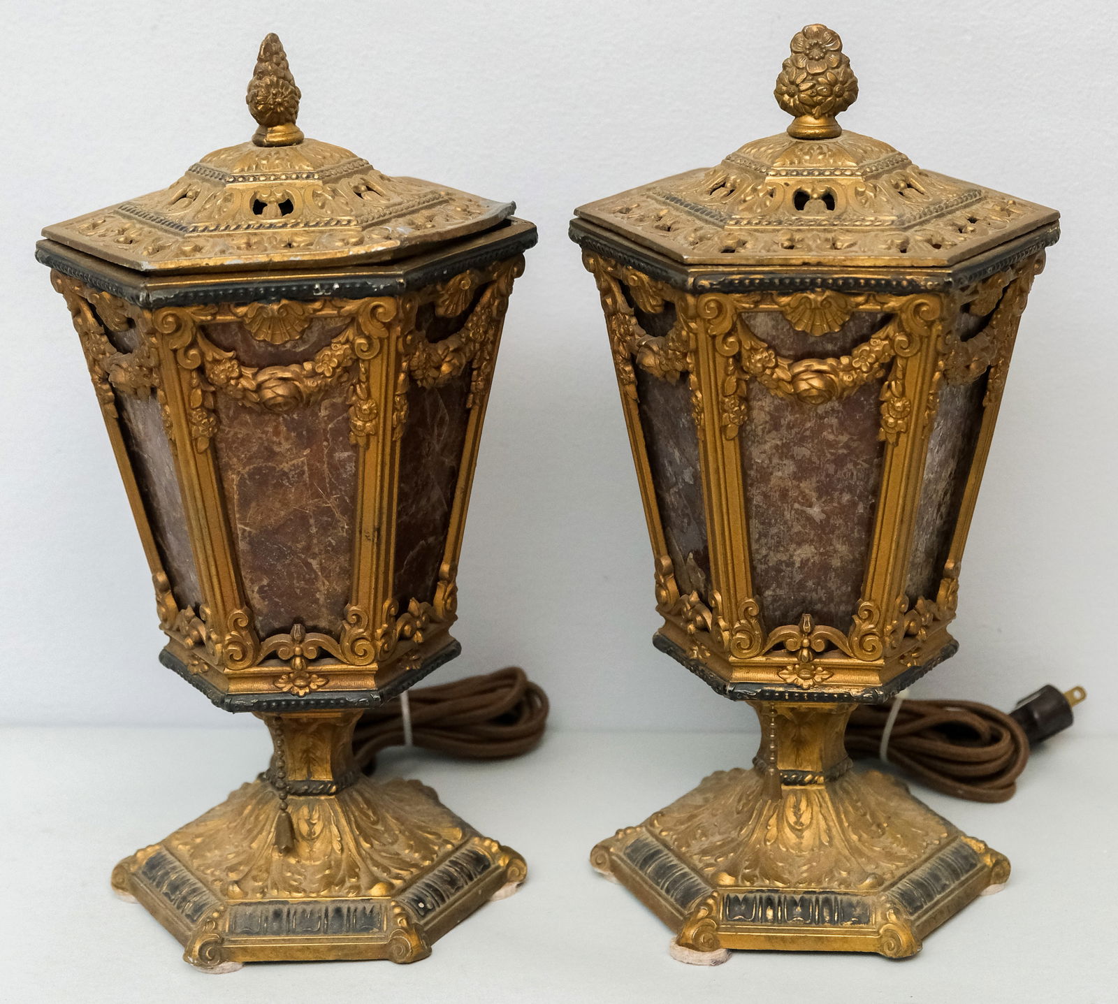 Pair Ornate Spelter Lamps with Mica Panes (1 of 7)