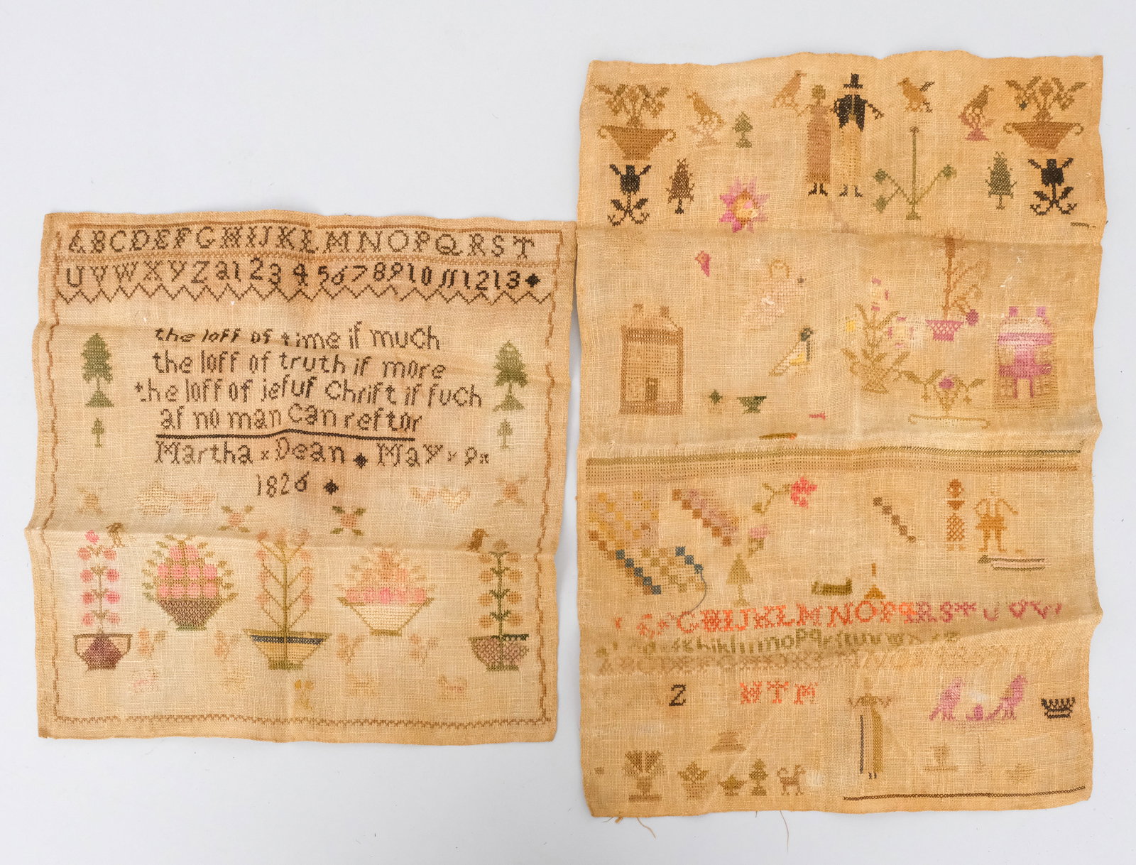 Early 19th Century Samplers: American, early 19th century samplers decorated with floral embroidery, figures, and birds, largest 17 1/4" x 12 1/4".
