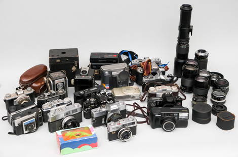 Gigantic Lot of Cameras & Photography Equipment: All items are untested and sold as-is. Together measuring 20" X 17" X 8". Lot includes: LENSES: Vivitar 70-210mm Macro Underground 135mm Rikenon 135mm Tokina 80-200mm Vivitar 28-90mm Nikkor-H Auto 50m