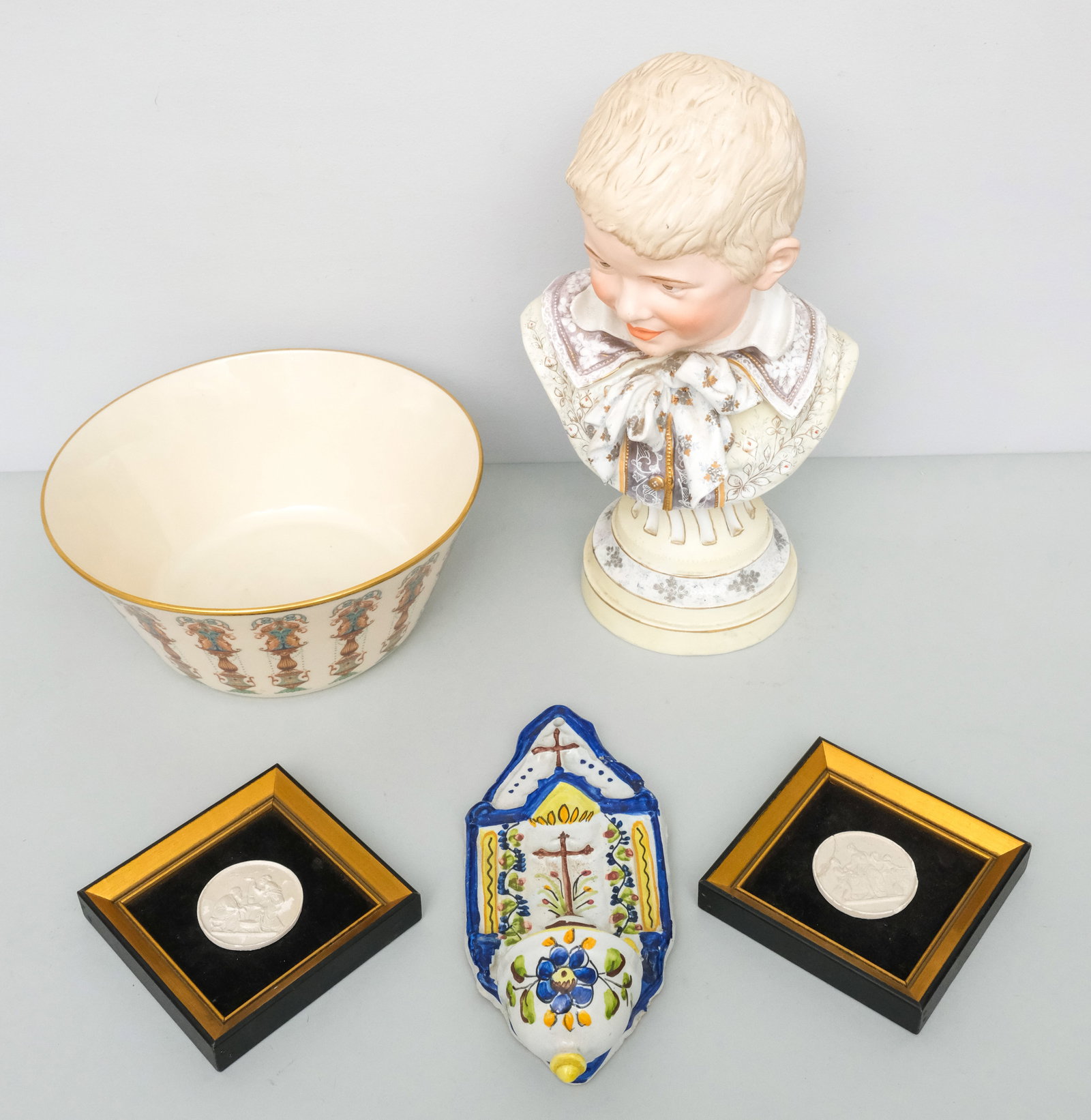 Lot of Decorative Objects: Lot consisting of 1) hand-painted ceramic water font (10 1/4" H x 4 1/4" W x 3" L); 2) pair of 19th century mounted and framed bisque medallions (5" x 5"); 3) Lenox "Lido" porcelain serving bowl (4 1/