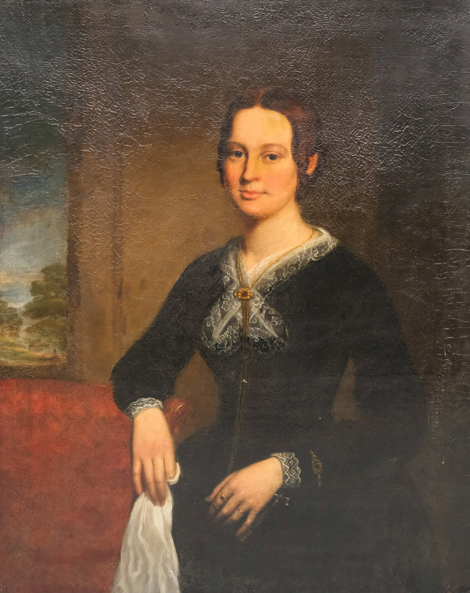 American School, Portrait of a Lady: American, 19th century oil on canvas depicting a young lady with a lacy collar and gold jewelry, seated with a handkerchief in hand, 36" x 29" canvas.
