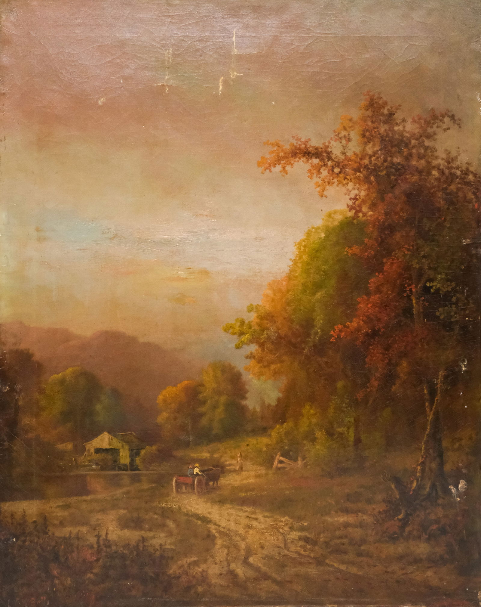 John W. Bell, Pastoral Scene in Autumn: John W. Bell (American, 1846-1895), oil on canvas depicting an ox-drawn cart meandering down a winding road to the farm, signed "J. W. Bell" l.l., 40" x 32" canvas.