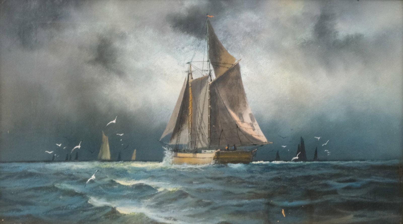 American School, Ships at Sea: American, 19th century pastel on paper depicting ships at sea as a storm builds in the sky, 12 1/4" x 21 1/2" sight size, 16 1/4" x 25 1/2" framed.