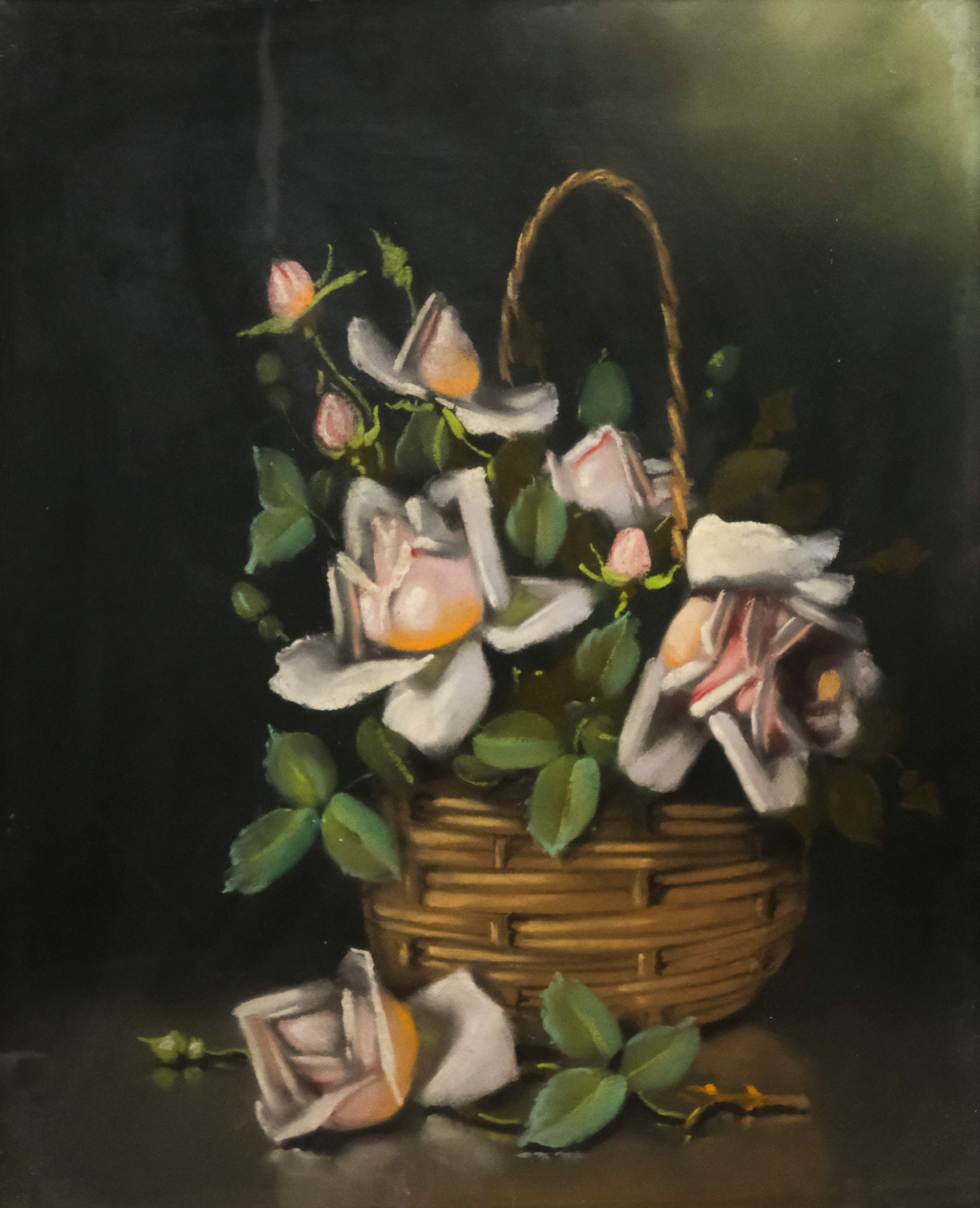 American School, Floral Still Life: American, late 19th century pastel on paper depicting a basket full of white roses, 19 1/2" x 15 1/2" sight size, 21 1/4" x 17" framed.