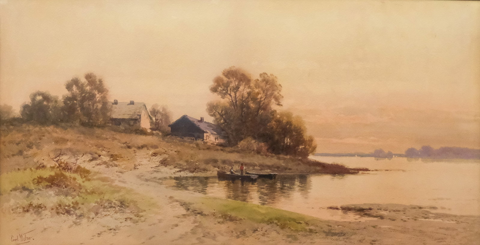 Carl Weber, Out Fishing: Carl Weber (American, 1850-1921), watercolor on paper depicting two figures on a boat as it launches, signed l.l., 13 3/4" x 26 1/2" sight size, 25 1/2" x 29 1/2" framed.
