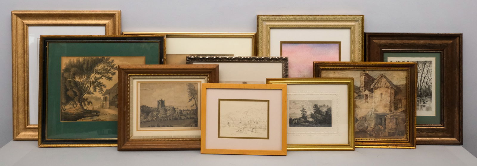 Group of Antique Art: Group consisting of 1) 19th century graphite on paper depicting a bridge over a stream, with signature obscured l.l., 4 1/2" x 6" sight size, 8 3/4" x 10 3/4" framed; 2) 20th century engraving on pape