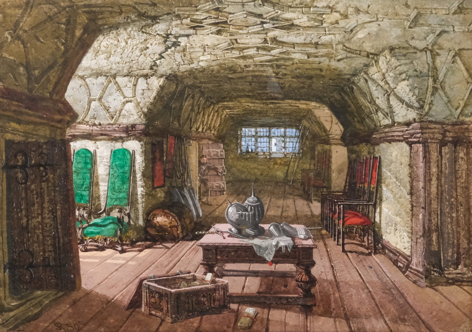 Samuel Rayner, "The Long Gallery": Samuel Rayner (British, 1820-1874), 1859, watercolor and gouache on board depicting a figure entering a gothic, stone interior, signed and dated l.l., 14 3/4" x 21" sheet size, 20 1/4" x 26" framed.