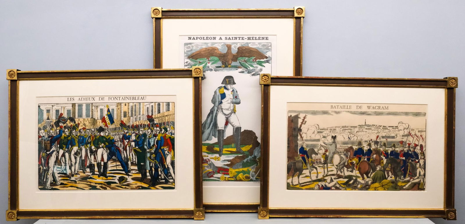 Group of 3 Jean-Charles Pellerin Engravings: Group of three Jean-Charles Pellerin (French, 1756-1836) hand-colored, French military engravings, 1) "Napoleon a Sainte-Helene", numbered "309/360" l.r., 24" x 15" sight size, 32 3/4" x 24" framed; 2