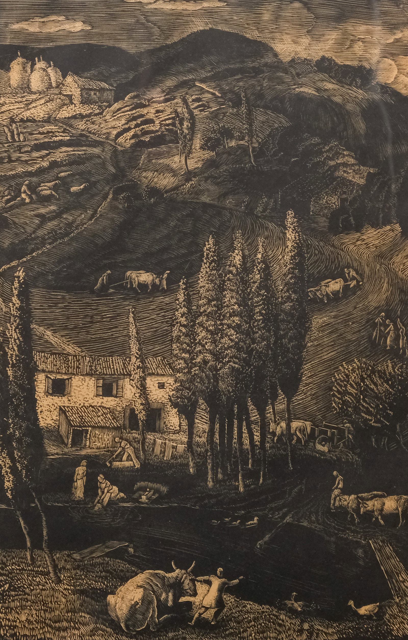 Mario Delitala, "Autunno Marchigiano": Mario Delitala (Italian, 1887-1990), 1938, woodcut on paper depicting an autumn scene, titled l.l., numbered "1/25" l.c., signed and dated in pencil l.r., 14 1/2" x 9 1/4" sight size, 21 3/4" x 15 3/4