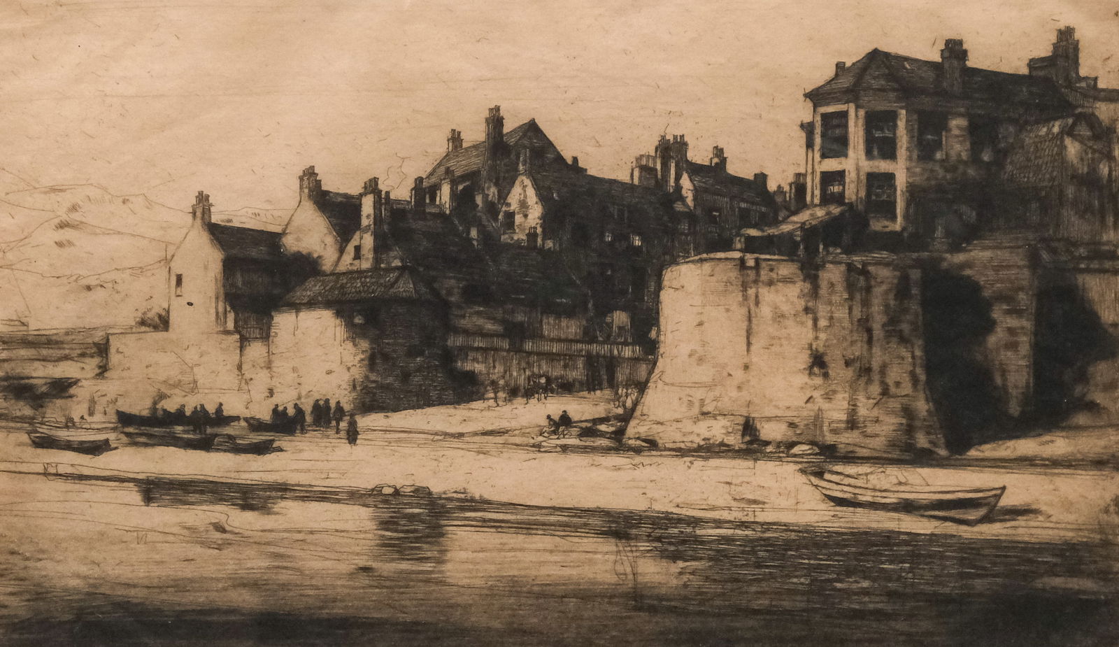 Sir David Young Cameron, "Robin Hood's Bay": Sir David Young Cameron (Scottish, 1865-1945), etching on paper depicting a waterfront, titled l.l., signed in pencil l.r., 7 1/4" x 12" image size, 13 1/2" x 18 1/2" framed.