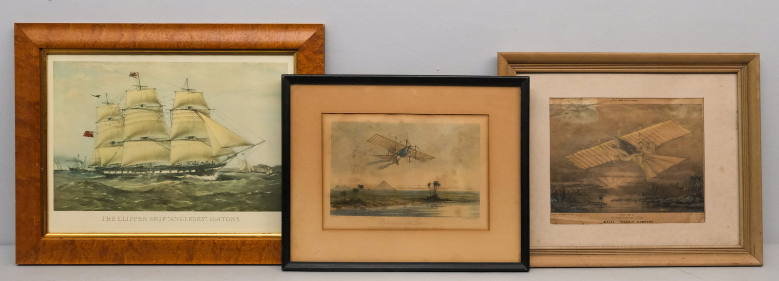 Group of Three Antique Prints: Group of three 19th century lithographs on paper depicting "Ariels" and the clipper ship "Anglesey", smallest 5 1/2" x 9" image size, 11 1/2" x 14 1/2" framed, largest 9" x 14" image size, 14 1/2" x 1