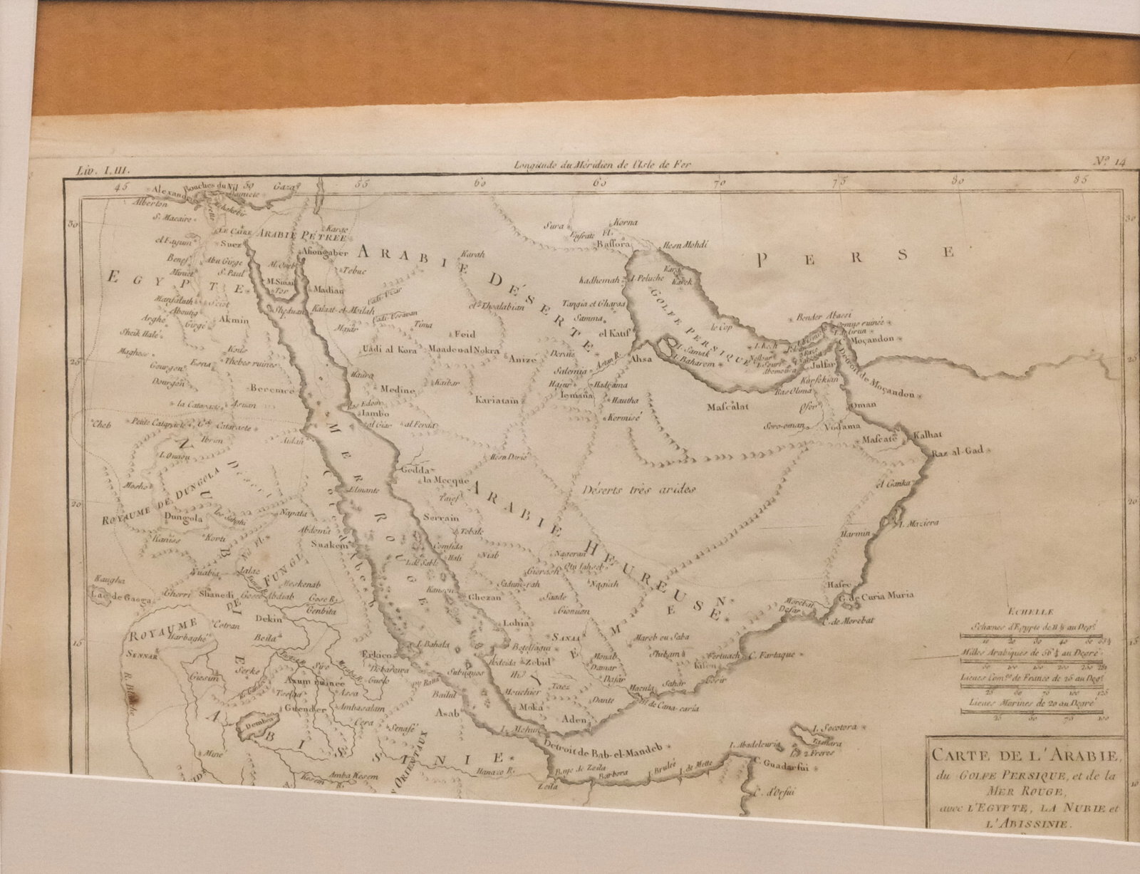 Rigobert Bonne, "Carte de L'Arabie": Rigobert Bonne (French, 1727-1794), 1780, map of the Arabian Peninsula and Red Sea, 9 1/2" x 12 1/2" sight size, 18 3/4" x 22 3/4" framed.