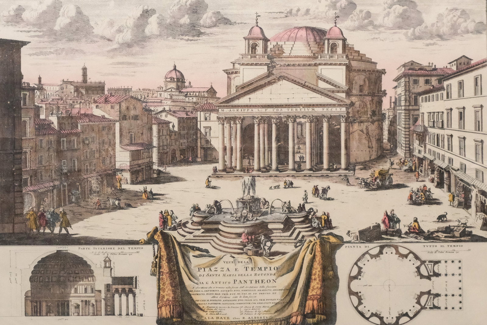 After Alessandro Specchi, "Veue de la Piazza...": After Alessandro Specchi (Italian, 1668-1729), 18th century engraving depicting a view of the Roman Pantheon and the sanctuary of Maria Santissima della Rotonda, likely taken from a folio book, 18 1/4