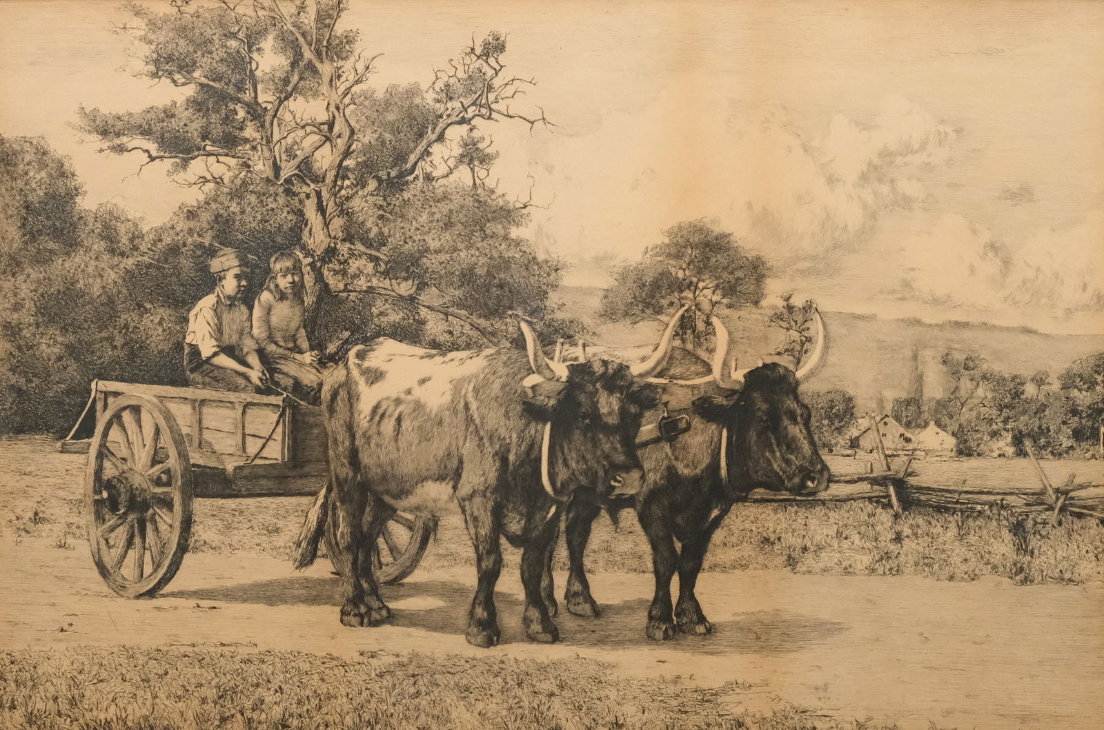Carleton Wiggins, "The Ox Cart": J. Carleton Wiggins (American, 1848-1932), etching on paper depicting a boy and girl on an ox cart, signed "C. Wiggins" in print l.r., 16 1/2" x 25" sight size, 25 1/2" X 33 1/2" framed.