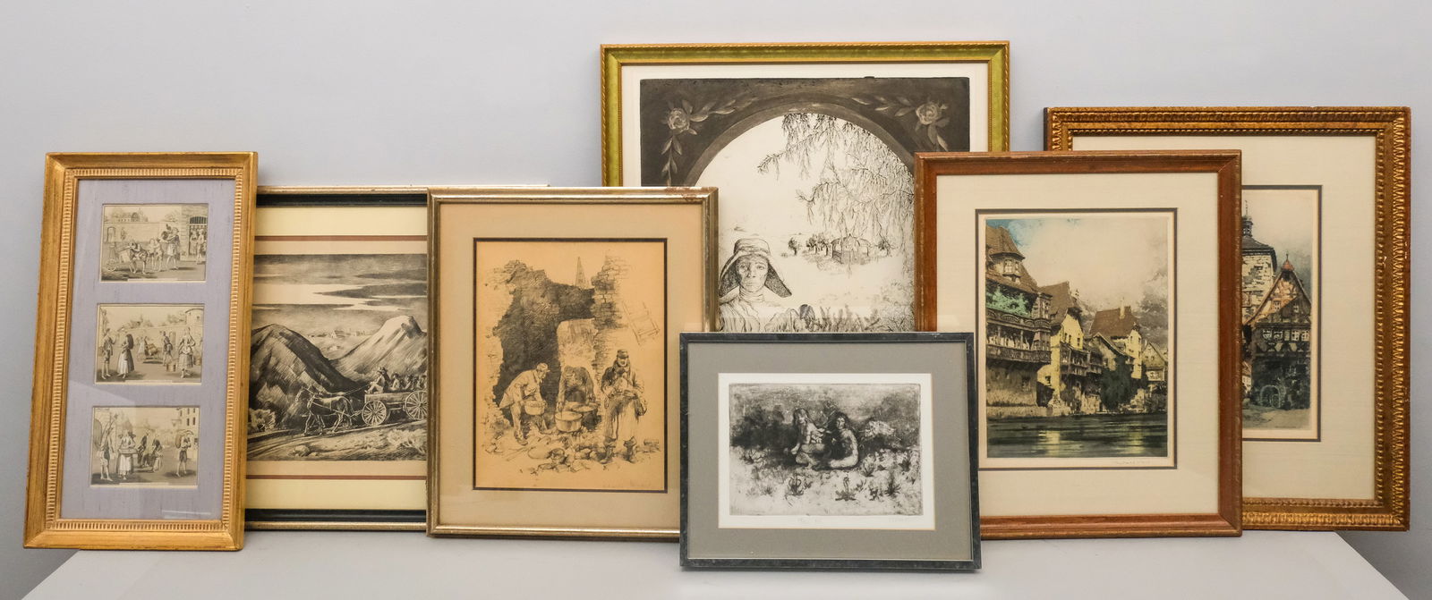 Group of Seven Art Prints: Group consisting of 1) Thomas Cornell (American, 1937-2012), "Satyr Couple", 1968, etching on paper depicting two satyrs picking flowers, numbered "13/100" l.l., signed in pencil l.r., 6" x 8 3/4" ima