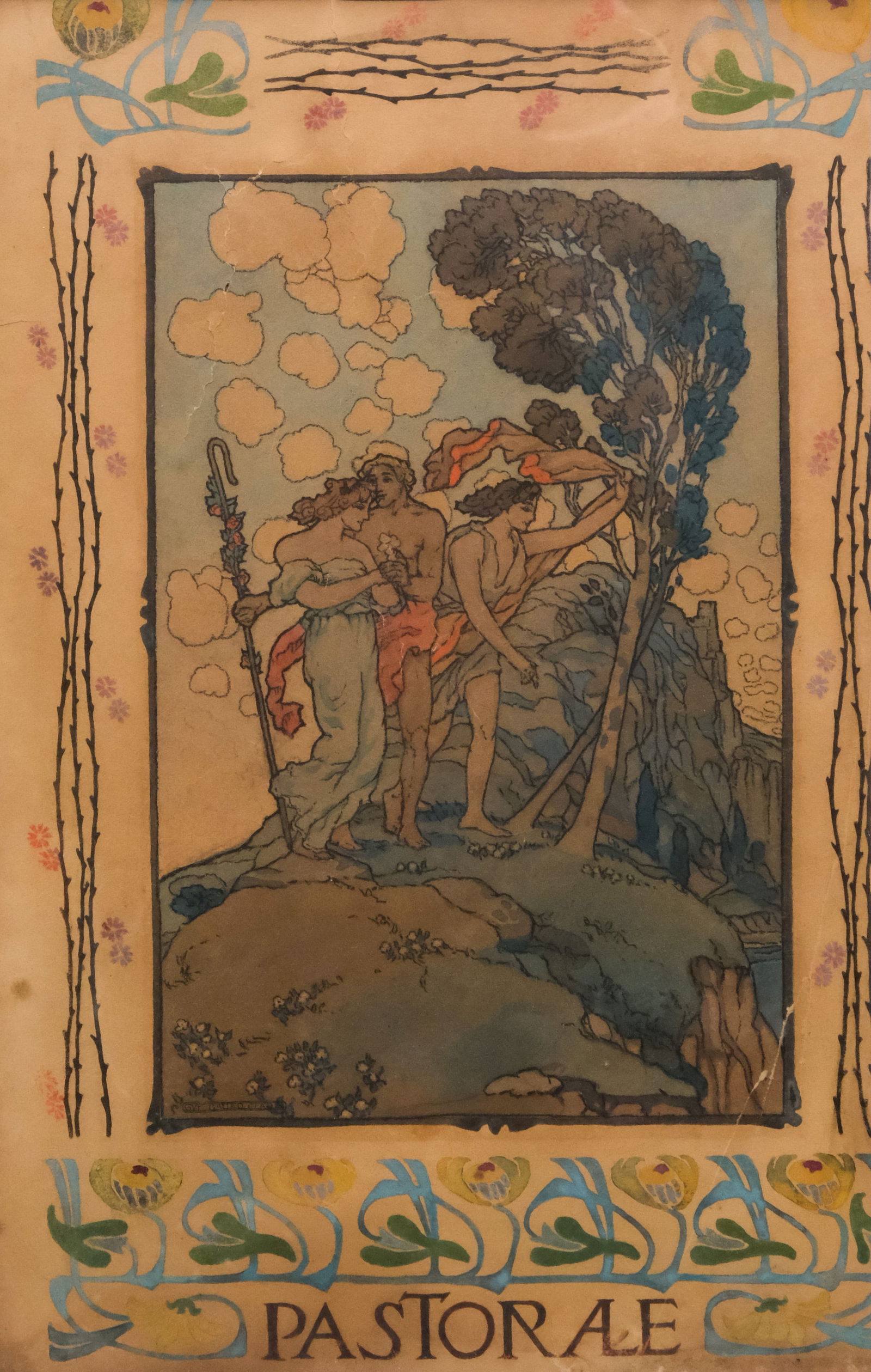 Guy Gayler Clark, "Pastorale": Guy Gayler Clark (American, 1883-1945), early 20th century hand-tinted engraving depicting three figures in a field, 16" x 10" sight size, 22" x 16 1/4" framed.