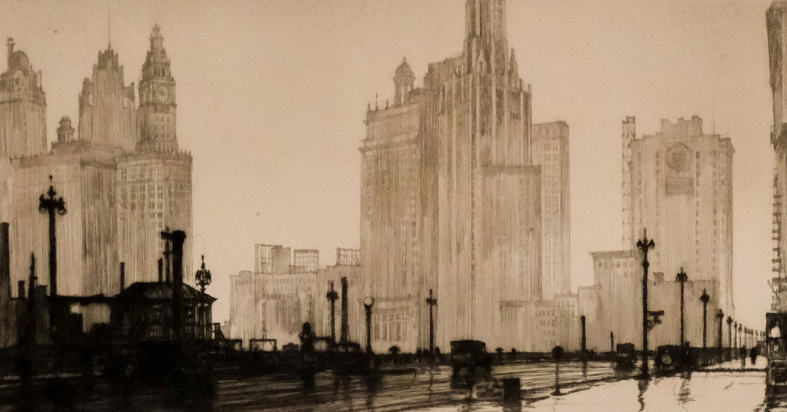 Samuel Chamberlain, "Drizzly Morning, Chicago": Samuel Chamberlain (American, 1895-1975), 1929, etching on paper depicting a rainy morning in Chicago, numbered "64/100" l.l., signed in pencil l.r., 3 3/4" x 7 1/2" image size, 11 3/4" x 15" matting