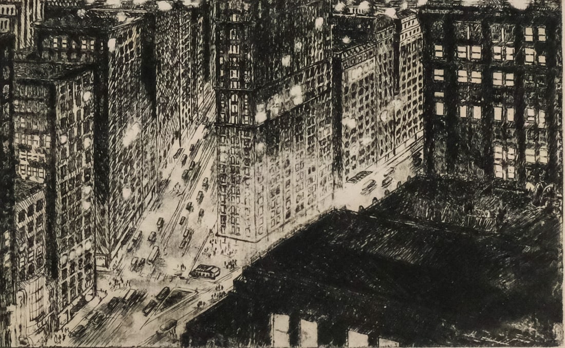 Richard Reiber, "Sunlight Reincarnated": Richard Reiber (American, born 1912), circa 1930, etching depicting Times Square at night, titled in plate l.l., signed in plate l.r., 5 1/4" x 8 1/2" image size, 14 1/4" x 17 1/4" matting.