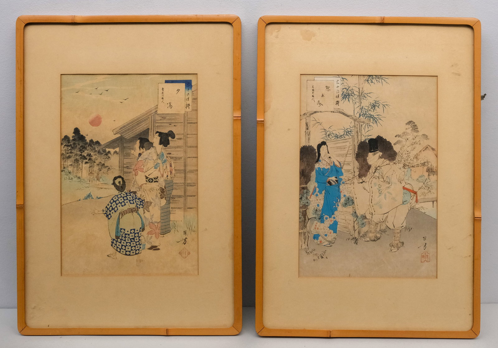 Mizuno Toshikata, Two Woodblock Prints: Mizuno Toshikata (Japanese, flourished 1866-1908), two 19th century woodblocks on paper, one depicting a woman startled to receive a letter, and one depicting two women and two children looking up at